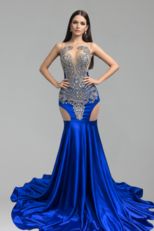 Illusion Cutout Embellished Satin Mermaid Gown - LAROSABRIDE