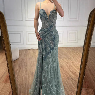 Ships in 2 to 5 Days - Saudi Arabic Spaghetti Strap Mermaid Evening Dress with High Slit for Formal Occasions