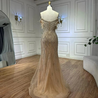 Ships in 2 to 5 Days -2025 Custom Nude Beaded Mermaid Evening Dress – Formal Gown with Feathered Details