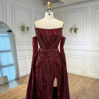 Ships in 2 to 5 Days - Luxury Wine Red Strapless Beaded Evening Gown with Overskirt & Matching Gloves