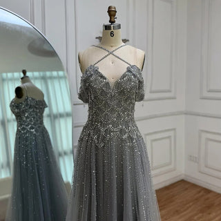 Ships in 2 to 5 Days - Luxury Customized Gray Beaded Arabic Off-Shoulder A-Line Evening Dress – 2025 Collection