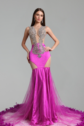 Embroidered Illusion Fuchsia Mermaid Gown - LAROSABRIDE