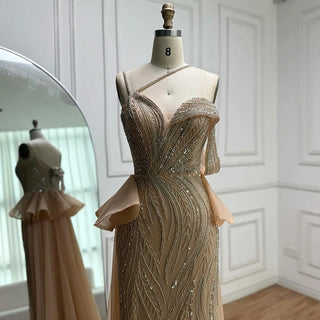 Ships in 2 to 5 Days -2025 Custom Caramel Beaded Mermaid Evening Dress – Formal Gown with Overskirt and Elegant Split