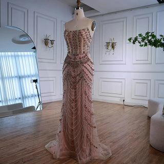 Ships in 2 to 5 Days -2025 Custom Green Saudi-Inspired Evening Dress – Strapless Beaded Formal Gown