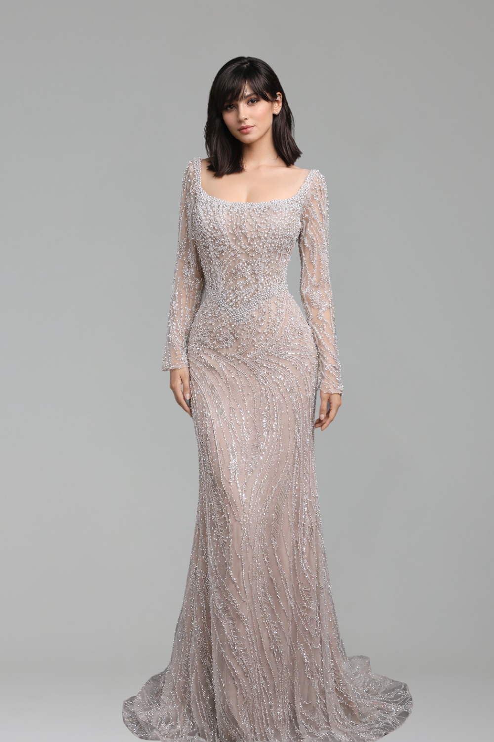 White Nude Beaded Mermaid Gown - LAROSABRIDE
