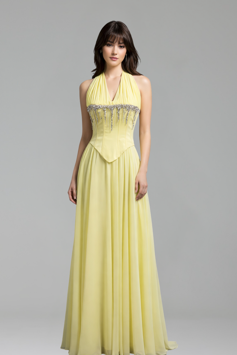 Yellow Chiffon Halter Beaded Dress - LAROSABRIDE