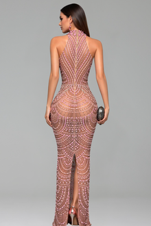 High Neck Beaded Illusion Evening Gown - LAROSABRIDE