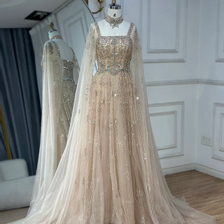 2025 Arabic Nude A-Line Cape Sleeve Crystal Beaded Saudi Evening Dresses Gowns for Formal Occasions