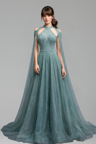 Beaded A-Line Cape Dress - LAROSABRIDE