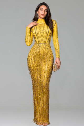 High Neck Embellished Fringe Evening Gown