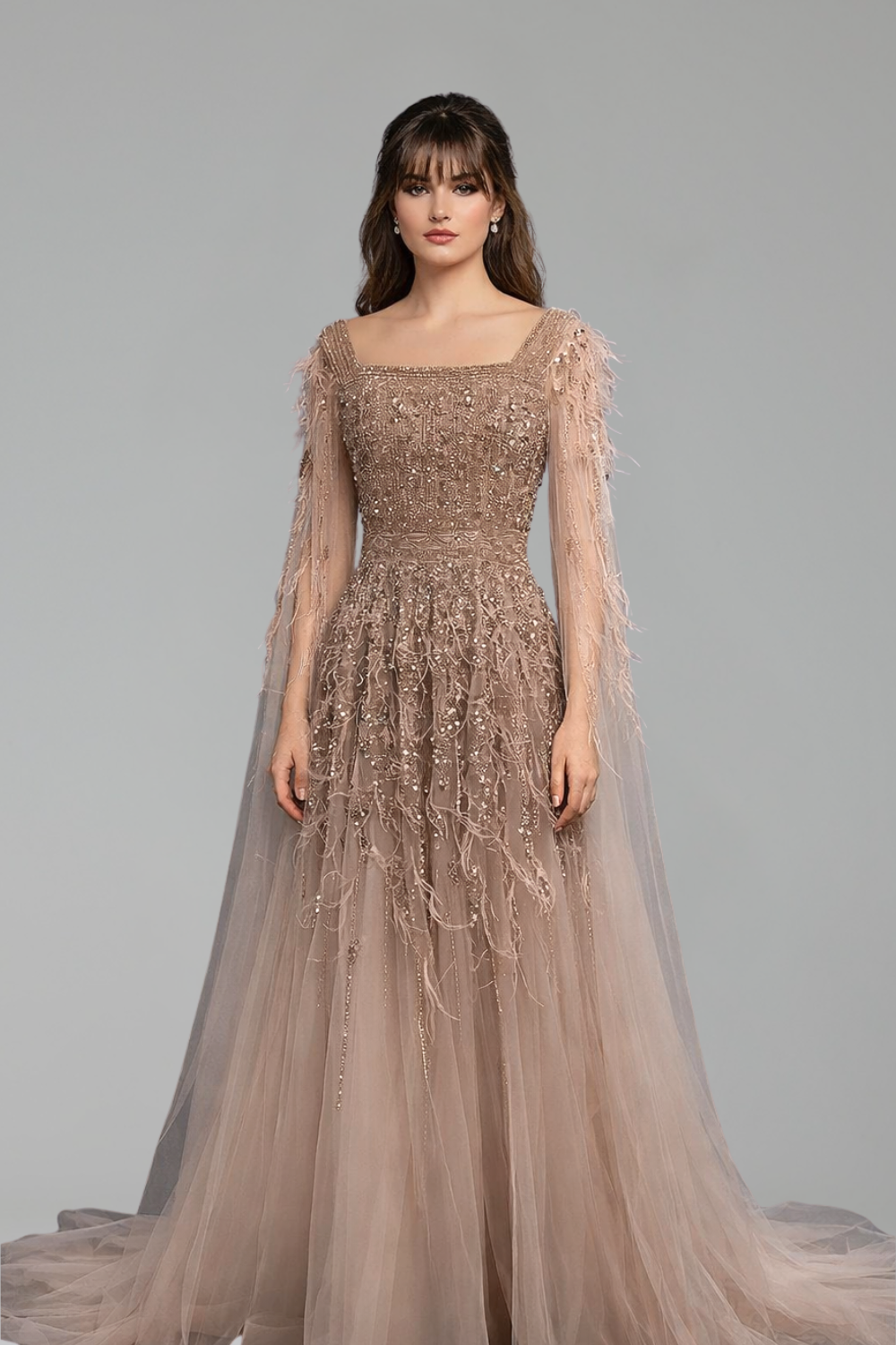 Beaded Feather A-Line Gown - LAROSABRIDE