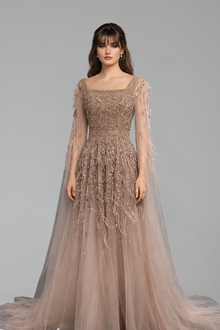 Beaded Feather A-Line Gown - LAROSABRIDE