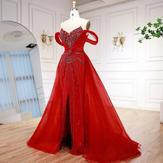 Ships in 2 to 5 Days - Luxury Red Beaded Mermaid Evening Dress – Gown with Overskirt and Thigh-High Slit