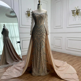 Ships in 2 to 5 Days -Luxury Beaded Off-Shoulder Evening Gown – Long Sleeve Formal Dress with Elegant Train