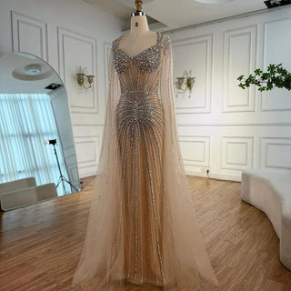 Ships in 2 to 5 Days - Luxury Nude Beaded Evening Dress – Saudi-Inspired Formal Gown with Cape Sleeves