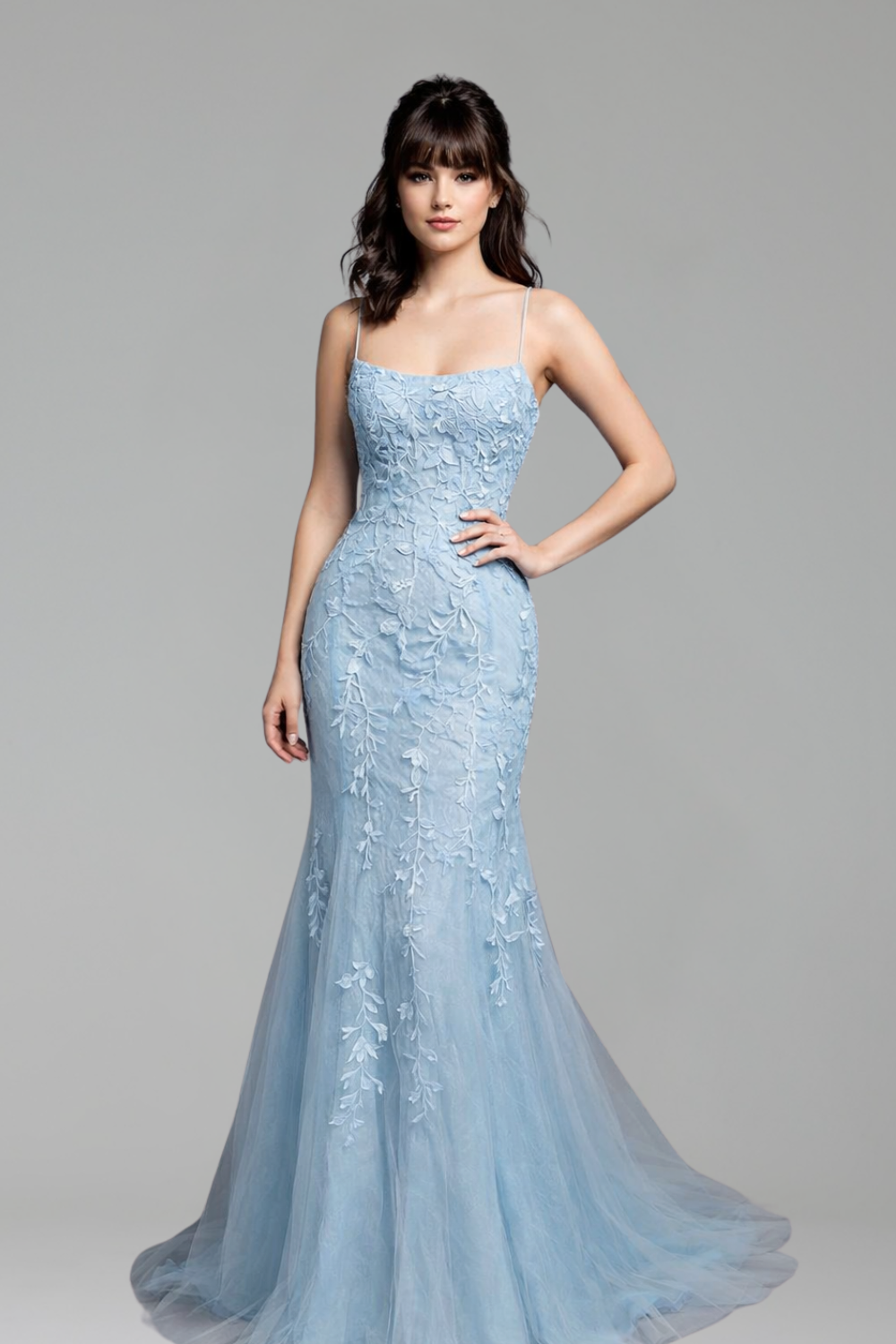 Blue Mermaid Beaded Gown with Lace-Up Back - LAROSABRIDE