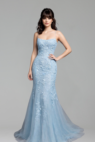 Blue Mermaid Beaded Gown with Lace-Up Back - LAROSABRIDE