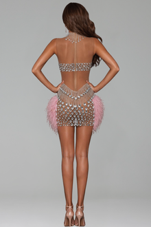 Crystal Halter Illusion Feather Mini Dress - LAROSABRIDE