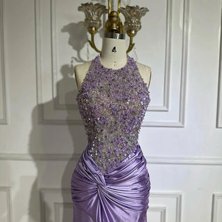 Ships in 2 to 5 Days - 2025 Arabic Lilac Halter Neck Side Slit Mermaid Luxury Dubai Evening Gown Beaded Dress for Women's Party