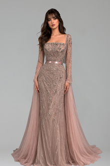 Arabic Nude Beaded Mermaid Gown with Overskirt - LAROSABRIDE