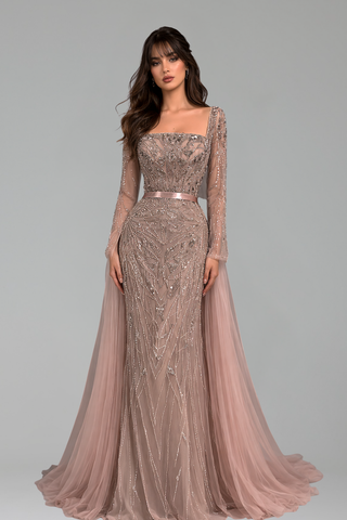 Arabic Nude Beaded Mermaid Gown with Overskirt - LAROSABRIDE