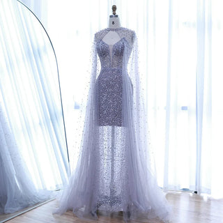 Ships in 2 to 5 Days - Luxury Purple Beaded Sequin Mermaid Evening Gown with Cape – Elegant Formal Dress