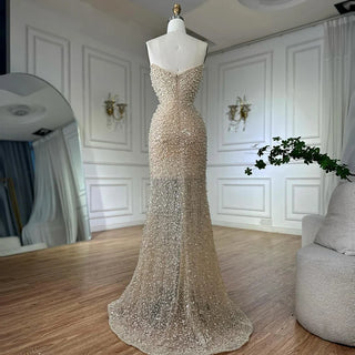 Ships in 2 to 5 Days - 2025 White Beaded Strapless Evening & Wedding Gown with Detachable Puffy Sleeves – Formal Party Dress