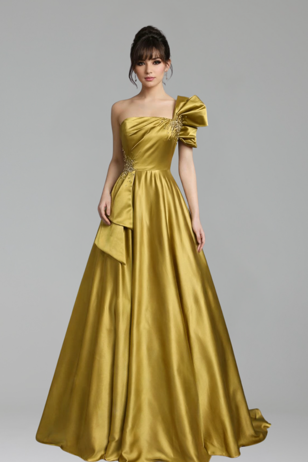 One-Shoulder A-Line Satin Gown - LAROSABRIDE