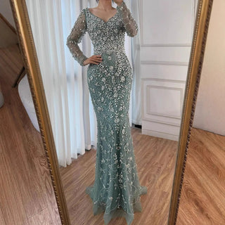 Ships in 2 to 5 Days - Luxury Nude Crystal Beaded Mermaid Evening Gown with Long Sleeves – Designer Formal Dress