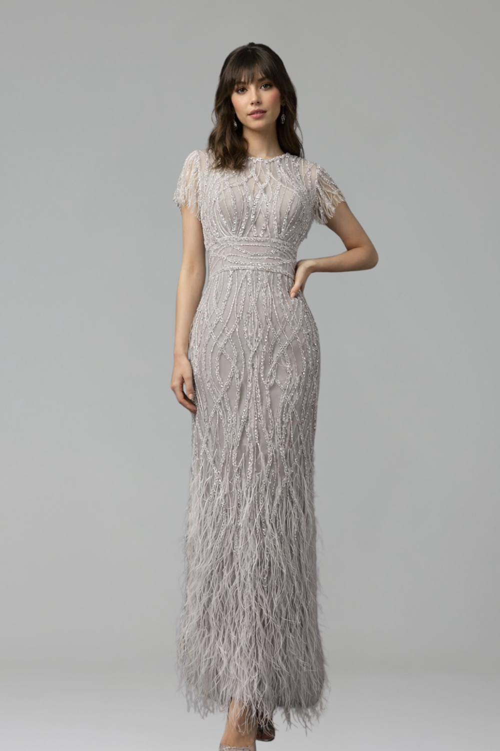 Black Ankle-Length Feather Beaded Dress - LAROSABRIDE