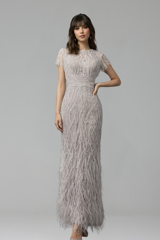 Black Ankle-Length Feather Beaded Dress - LAROSABRIDE