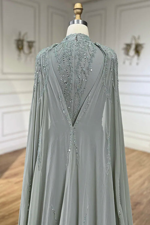 Muslim Sage Green Mermaid Cape Sleeves Beaded Satin Luxury Evening Dresses Gowns for Women Party 2025 LA72413A
