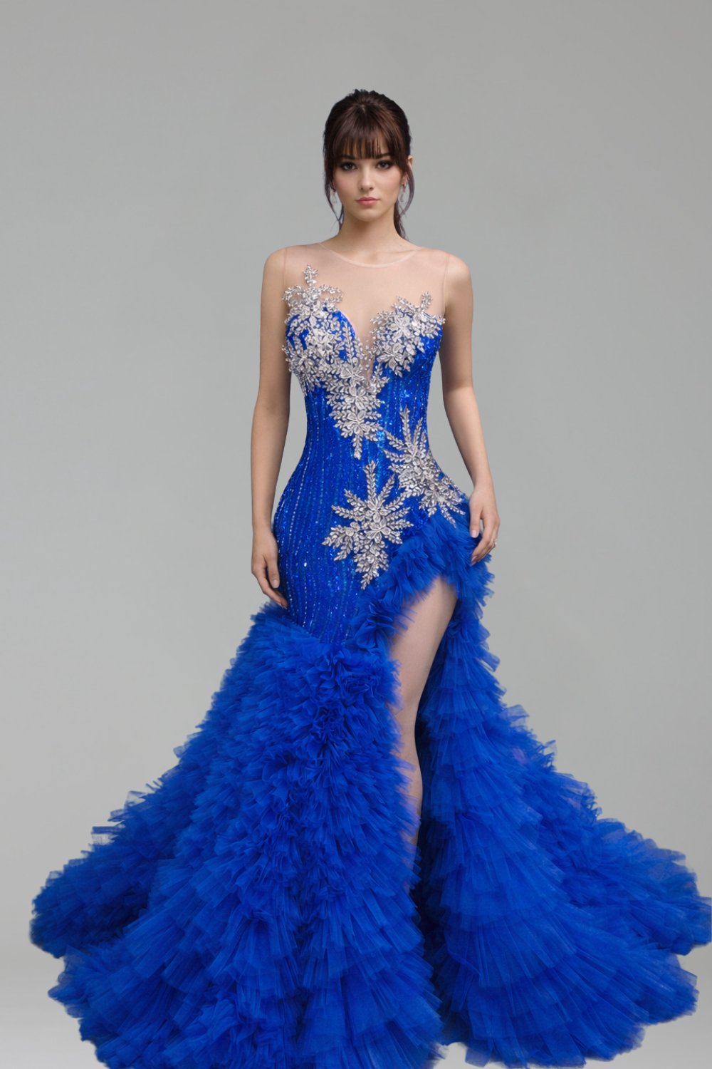 Plunging Corset Ruffle Evening Dress - LAROSABRIDE