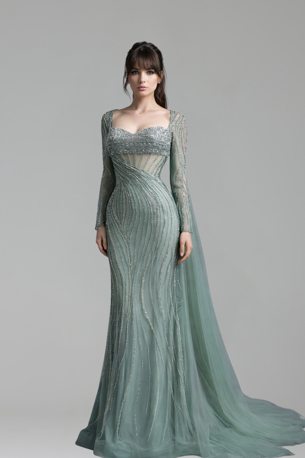 Sheer Beaded Fitted Gown - LAROSABRIDE