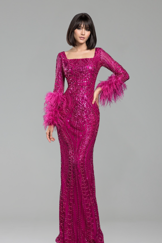 Fuchsia Beaded Feathered Mermaid Gown - LAROSABRIDE