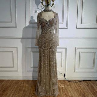 Ships in 2 to 5 Days - 2025 Caramel Beaded Mermaid Evening Gown – Long Sleeve Formal Dress for Weddings & Parties