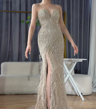 Ships in 2 to 5 Days - 2025 Arabic Strapless Blue Beaded Feathers Luxury Dubai Evening Gowns with Side Skirt for Women's Party