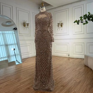 Ships in 2 to 5 Days - Luxury Caramel Beaded Evening Dress – High Neck Long Sleeve Mermaid Gown
