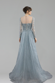Sage Green Beaded Long Sleeve Gown with Overskirt - LAROSABRIDE