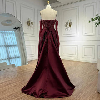 Ships in 2 to 5 Days - Luxury Wine Red Strapless Beaded Evening Gown with Overskirt & Matching Gloves