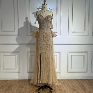 Ships in 2 to 5 Days -2025 Custom Caramel Beaded Mermaid Evening Dress – Formal Gown with Overskirt and Elegant Split