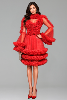 Ruffled Sheer Tiered Tulle Mini Dress - LAROSABRIDE