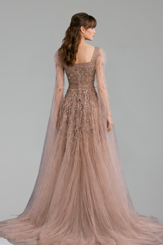 Beaded Feather A-Line Gown - LAROSABRIDE