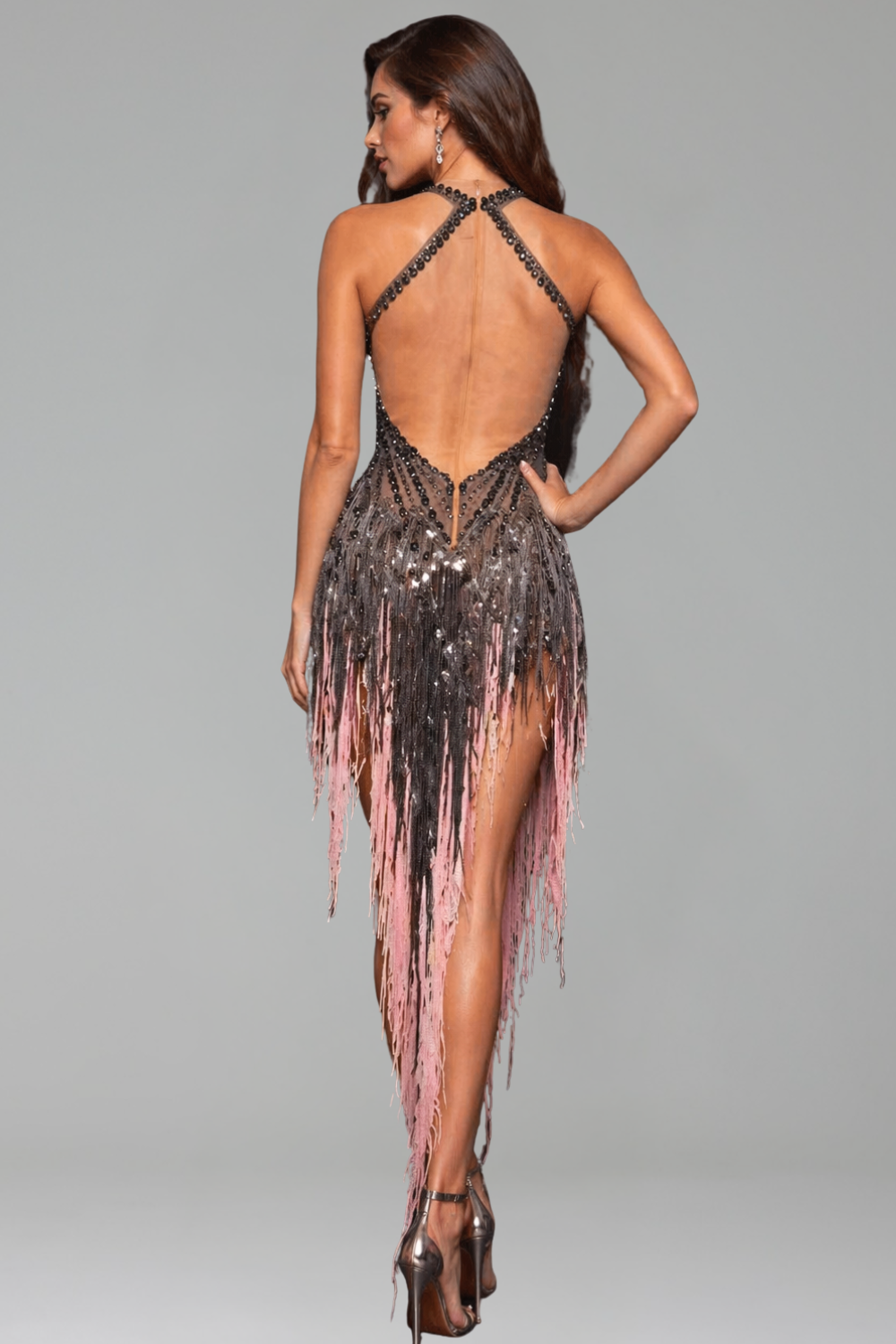 Asymmetric Beaded Fringe Illusion Dress - LAROSABRIDE