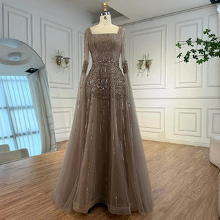 Ships in 2 to 5 Days - Customized Green Beaded A-Line Evening Dress with Cape – Formal Occasion Gown