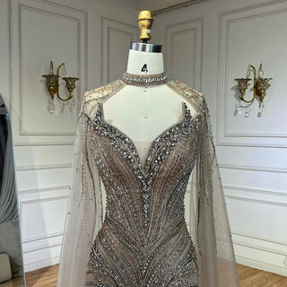 Ships in 2 to 5 Days -Caramel Beaded Feathered Mermaid Evening Dress with Detachable Cape Sleeves – Gown for Formal Occasions