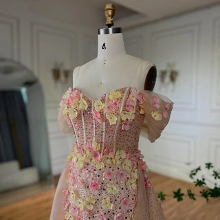 Ships in 2 to 5 Days - 2025 Customized Nude Floral Beaded Off-Shoulder Corset Evening Dress with Overskirt – For Formal Occasions