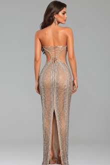 Beaded Illusion Lace Up Back Gown - LAROSABRIDE