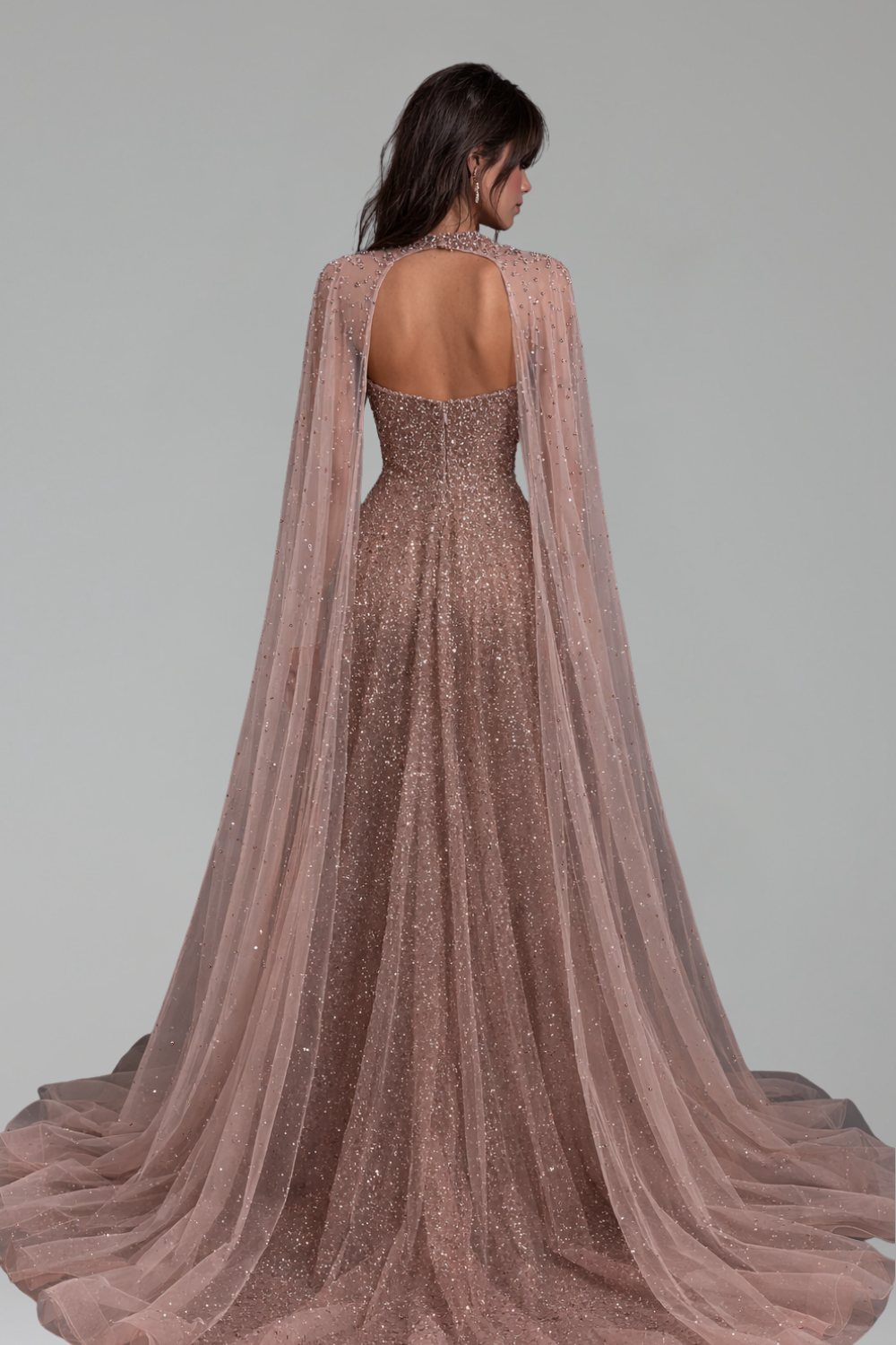 Beaded Mesh Cape Gown - LAROSABRIDE