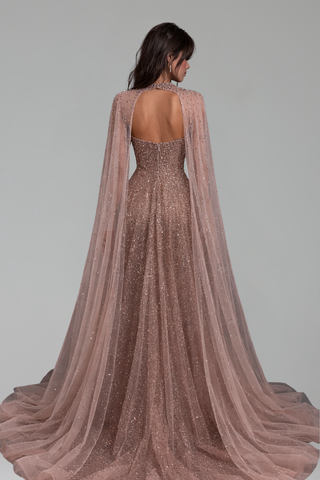Beaded Mesh Cape Gown - LAROSABRIDE